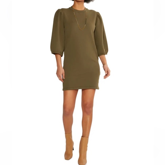 ÉTICA Isabelle Puff Sleeve French Terry Knee Length Dress in Olive Green - M - Picture 1 of 10